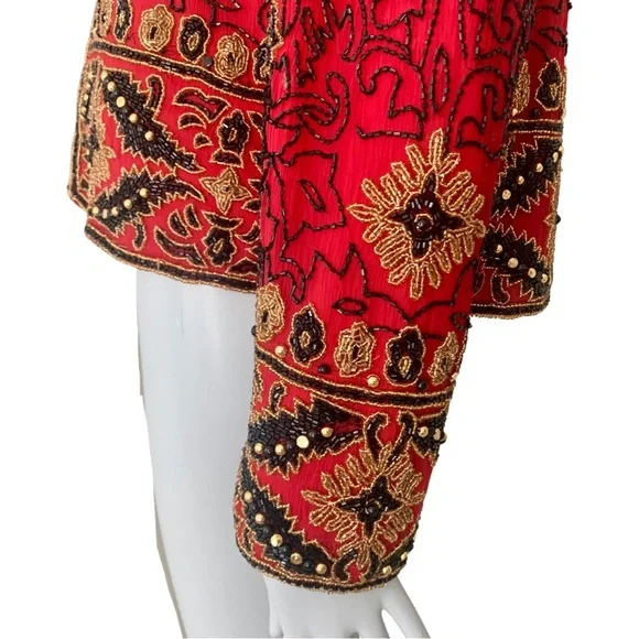 Papell Boutique Evening Vintage 90’s Silk Beaded Jacket Embellished Red Gold 12 - Picture 9 of 16